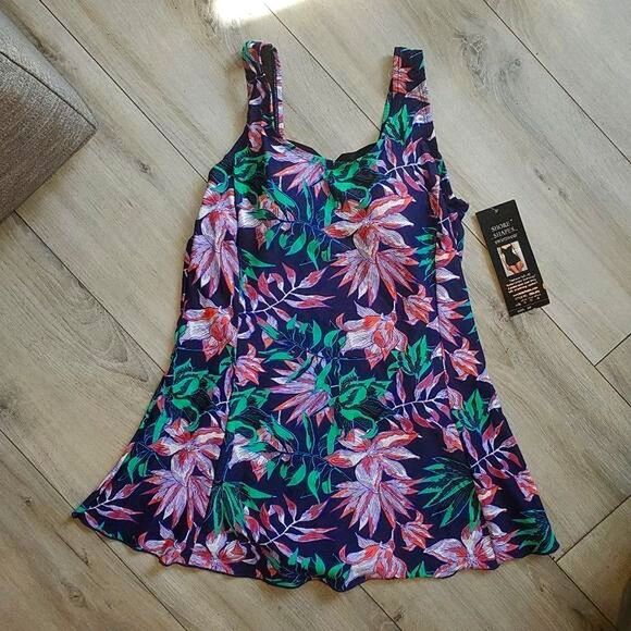 Shore Shapes Floral Hip-Minimizer tummy control One-Piece Swimdress size 10 - Picture 1 of 12